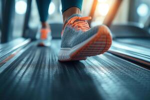 ai generado de cerca de brillante corriendo Zapatos en acción en un rueda de andar, representando un aptitud rutina de ejercicio en un gimnasio ajuste. deporte gimnasio aptitud concepto. foto