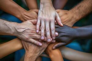 ai generado un poderoso imagen de unidad con diverso manos unido juntos terminado un verde natural antecedentes. equipo trabajo juntos concepto. foto