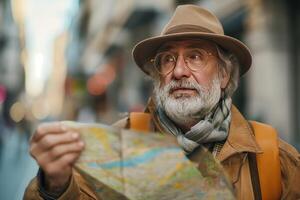 AI generated A thoughtful elderly man in a hat and glasses holding a map, looking for direction on an urban exploration adventure. photo