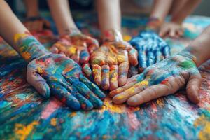 AI generated A group of people showing unity and creativity with hands covered in vibrant paints. Art helps to calm the mind and promote good mental health. photo