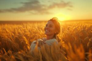 AI generated A smiling woman, embracing herself in a sunlit field, warm, empowering, self-love theme photo