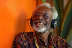 AI generated Joyful senior man wearing headphones, smiling as he enjoys his favorite music, radiating happiness. photo