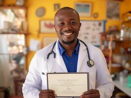 ai generado un sonriente médico en clínica, con orgullo mostrando certificado, profesional, atractivo atmósfera foto