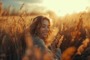 AI generated A smiling woman, embracing herself in a sunlit field, warm, empowering, self-love theme photo