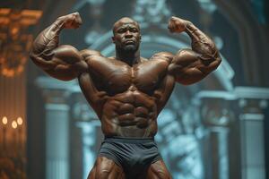 AI generated A bodybuilder on a competition stage, striking a classic bodybuilding pose. photo