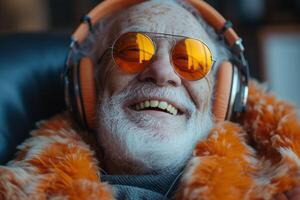 AI generated Joyful senior man wearing headphones, smiling as he enjoys his favorite music, radiating happiness. photo