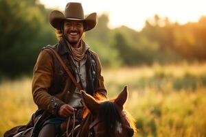 ai generado vaquero alegremente Galopando en lado de caballo, un amplio sonrisa debajo un de ala ancha sombrero, encarnando salvaje espíritu. foto