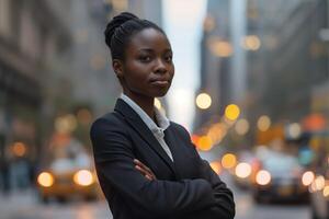 ai generado un africano americano profesional mujer de negocios en pie en un ciudad calle. ella es vestido esmeradamente en un negocio traje y tener brazos cruzado. foto
