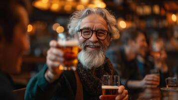 ai generado un acogedor, tradicional irlandesa pub con un grupo de amigos reunido alrededor, levantamiento su lentes para un tostada. el escena es dinámico, con rústico de madera interiores y céltico música foto