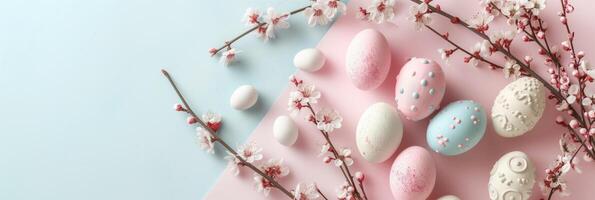 AI generated Elegant and sophisticated Easter web banner suitable for a high-end brand or service. Use a pastel color palette with subtle shades of pink, blue, and cream. photo