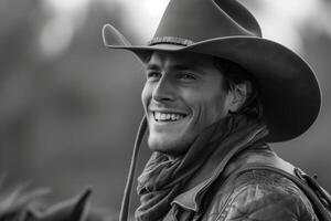 AI generated Cowboy joyfully galloping on horseback, a wide smile under a wide-brimmed hat, embodying wild spirit. photo