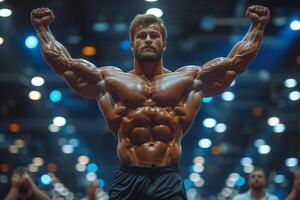 AI generated A bodybuilder on a competition stage, striking a classic bodybuilding pose. photo