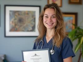 ai generado un sonriente médico en clínica, con orgullo mostrando certificado, profesional, atractivo atmósfera foto