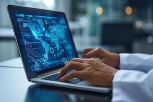 AI generated Expert in cybersecurity working on a laptop with a complex data encryption interface in office environment. photo