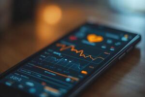 AI generated Smartphone mobile phone displaying a heart rate monitoring app with ECG graph and pink heart symbol, placed on a wooden surface table. photo