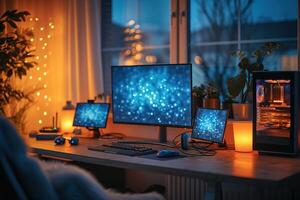 AI generated A cozy home office setup featuring dual monitors, speaker system, and ambient lighting with a view of greenery outside. photo