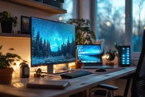 AI generated A cozy home office setup featuring dual monitors, speaker system, and ambient lighting with a view of greenery outside. photo