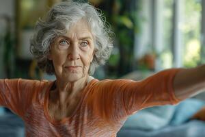 ai generado mayor dama mujer con gris pelo ejecutando yoga estiramientos adentro, promoviendo un sano estilo de vida. foto