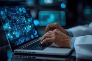 AI generated Expert in cybersecurity working on a laptop with a complex data encryption interface in office environment. photo