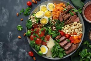 AI generated A nutritious plate featuring a variety of foods including eggs, vegetables, nuts, and meat, perfect for a balanced diet concept. photo