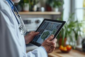 AI generated Medical professional analyzing radiological scans and images on a tablet in a modern healthcare setting. photo