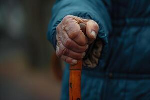 AI generated Close-up of an elderly person's hand clutching a wooden cane for support during a walk at sunset. photo