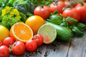 ai generado surtido de Fresco vegetales y frutas, incluso Tomates, agrios, y hierbas, arreglado en un rústico de madera mesa. foto