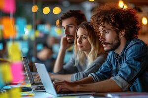 AI generated Diverse Team Collaborating in Modern Office Space, focused group of professionals work together in a contemporary office setting, surrounded by technology and creative stimuli. photo