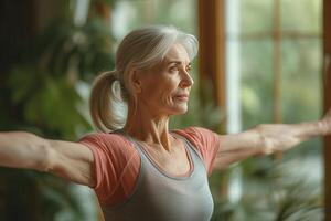 AI generated Elderly lady woman with grey hair performing yoga stretches indoors, promoting a healthy lifestyle. photo