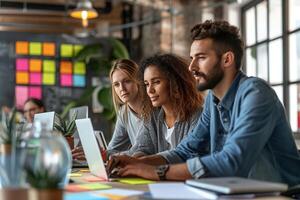 AI generated State-of-the-art laboratory, a team of scientists demonstrates the importance of business teamwork by meticulously studying molecular models and analyzing chemical compounds together. photo