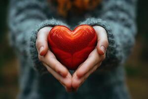 ai generado de cerca de manos de plataforma un vibrante rojo corazón, representando cuidado, amar, y salud conciencia. foto