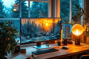 AI generated A cozy home office setup featuring dual monitors, speaker system, and ambient lighting with a view of greenery outside. photo