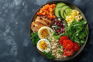 AI generated A nutritious plate featuring a variety of foods including eggs, vegetables, nuts, and meat, perfect for a balanced diet concept. photo