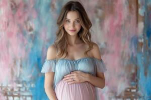 AI generated A serene portrait of a pregnant woman cradling her belly, soft pastel background in shades of pink and blue, gentle and loving expression, minimalist and elegant photo