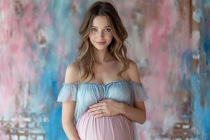 ai generado un sereno retrato de un embarazada mujer de plataforma su barriga, suave pastel antecedentes en sombras de rosado y azul, amable y amoroso expresión, minimalista y elegante foto