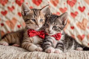 ai generado dos gatitos vistiendo rojo arco corbatas sentado en un sofá con un corazón estampado frazada. foto