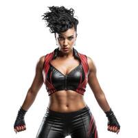 AI generated A woman with black hair styled in a mohawk, wearing a black and red top and leather gloves, poses with her arms in a fighting stance and her hands on her knees. photo