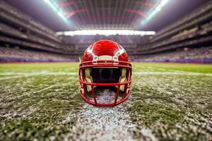 ai generado un simbólico escena de un solitario fútbol americano casco descansando en el 50 yardas línea de un grande estadio, soportes vacío en el fondo, transporte un sentido de tranquilo antes de el tormenta de un juego foto