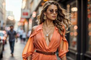 AI generated Fashionable lifestyle woman in Peach Fuzz colored attire photo
