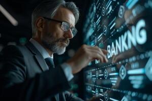 AI generated Elegant businessman in a minimalist setting, interacting with a virtual screen that displays the word 'BANK'. Simplicity and the seamless integration of technology in the business world photo