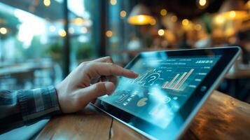 AI generated Man hand using online banking on tablet screen device in cafe, a clear focus on the screen displaying financial graphs and icons, in a modern photo