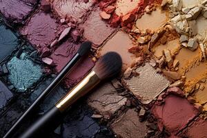 AI generated Eye shadow in an array of shades, with a make-up brush placed gracefully beside it, the arrangement highlighting the diversity and luxury of the makeup photo