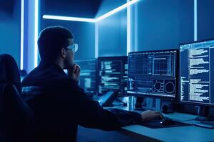 AI generated Software develper man wearing glasses working coding Write a program develope AI application on laptop at home office. photo
