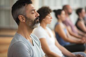 AI generated Group meditation in a serene yoga studio. Join men and women as engage in breath exercises, meditating with closed eyes. Power of breathwork for relaxation and inner peace. photo