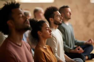 AI generated Group meditation in a serene yoga studio. Join men and women as engage in breath exercises, meditating with closed eyes. Power of breathwork for relaxation and inner peace. photo