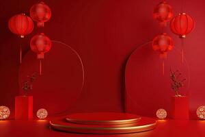 AI generated Chinese day concept. Red and 3D cylinder stand podium with red circle overlap backdrop. Products showcase, Promotion display. Abstract studio room platform. Happy Chinese lantern day. photo