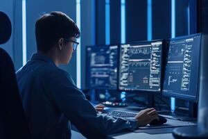 AI generated Software develper man wearing glasses working coding Write a program develope AI application on laptop at home office. photo