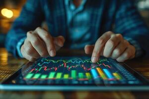 AI generated Professional analyzing colorful statistical data graphs on a digital tablet, highlighting business analytics and performance metrics. Man using tablet to work. photo