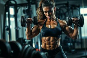 ai generado un mujer con muscular construir levantamiento pesos en un gimnasia. foto