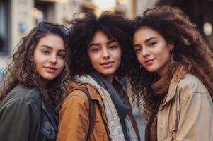 AI generated Three beautiful young women with curly hair standing next to each other on the street. photo